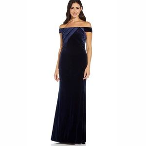 Adrianna Papell Navy Blue Off-Shoulder Maxi Dress